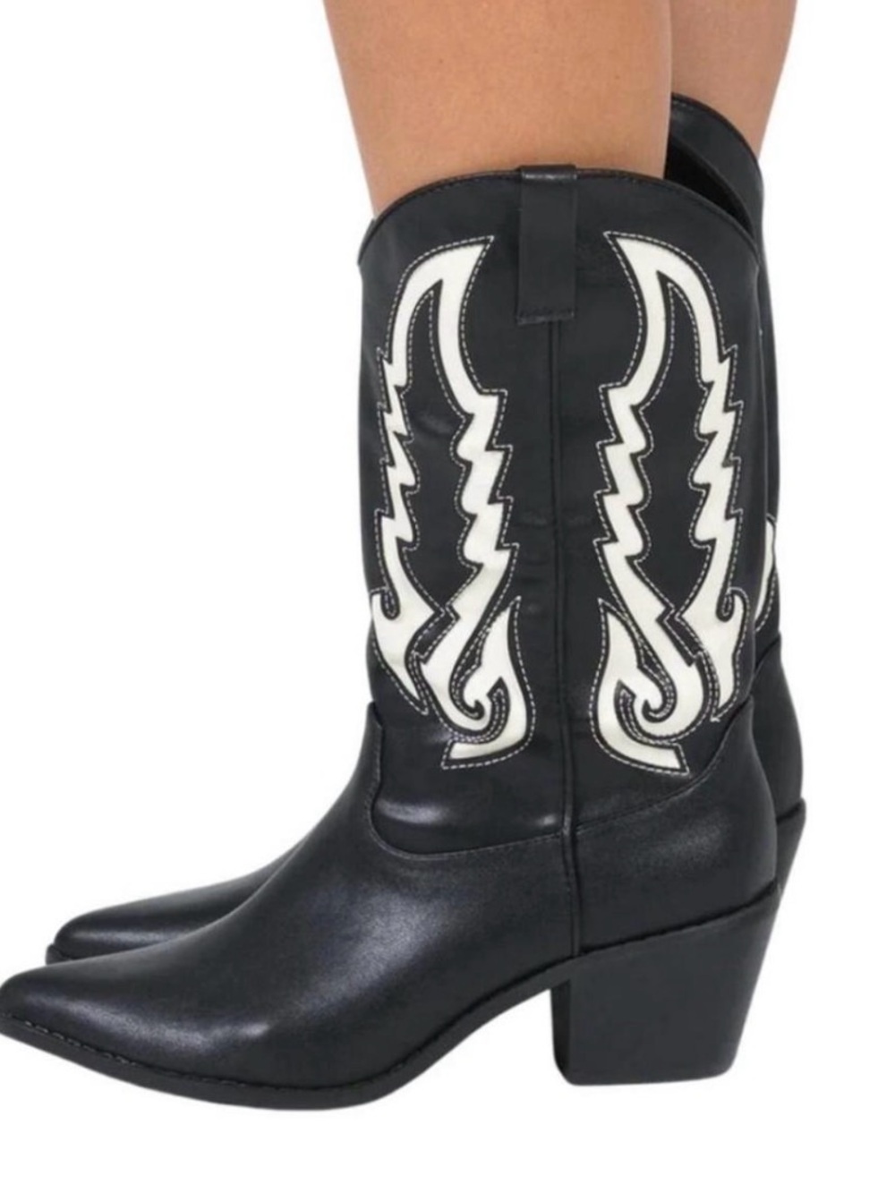 Black Western Mid-Calf Cowgirl Boots with White flames Embroidery